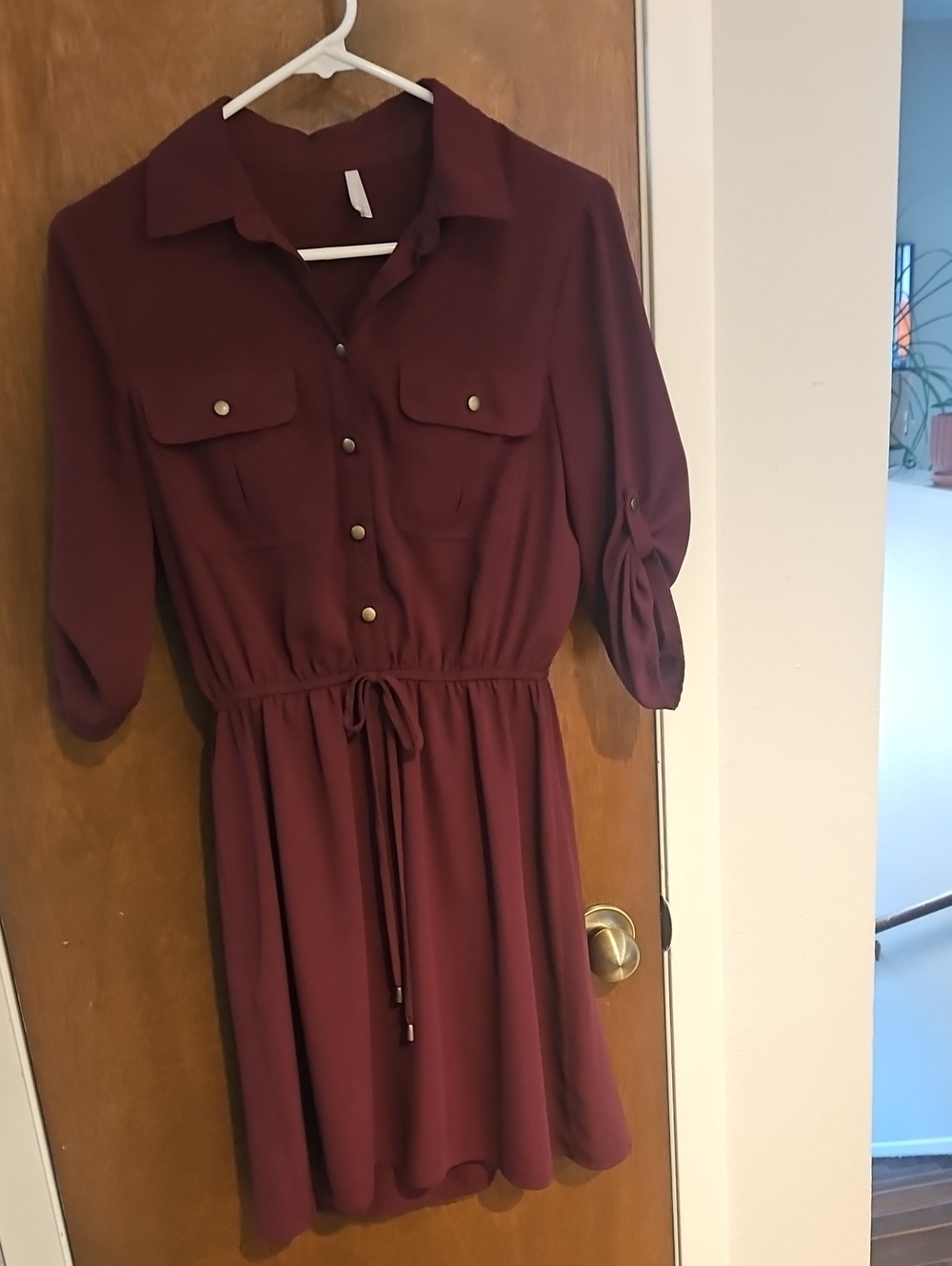Women's Burgundy Shirtwaist Dress with Drawstring Waist